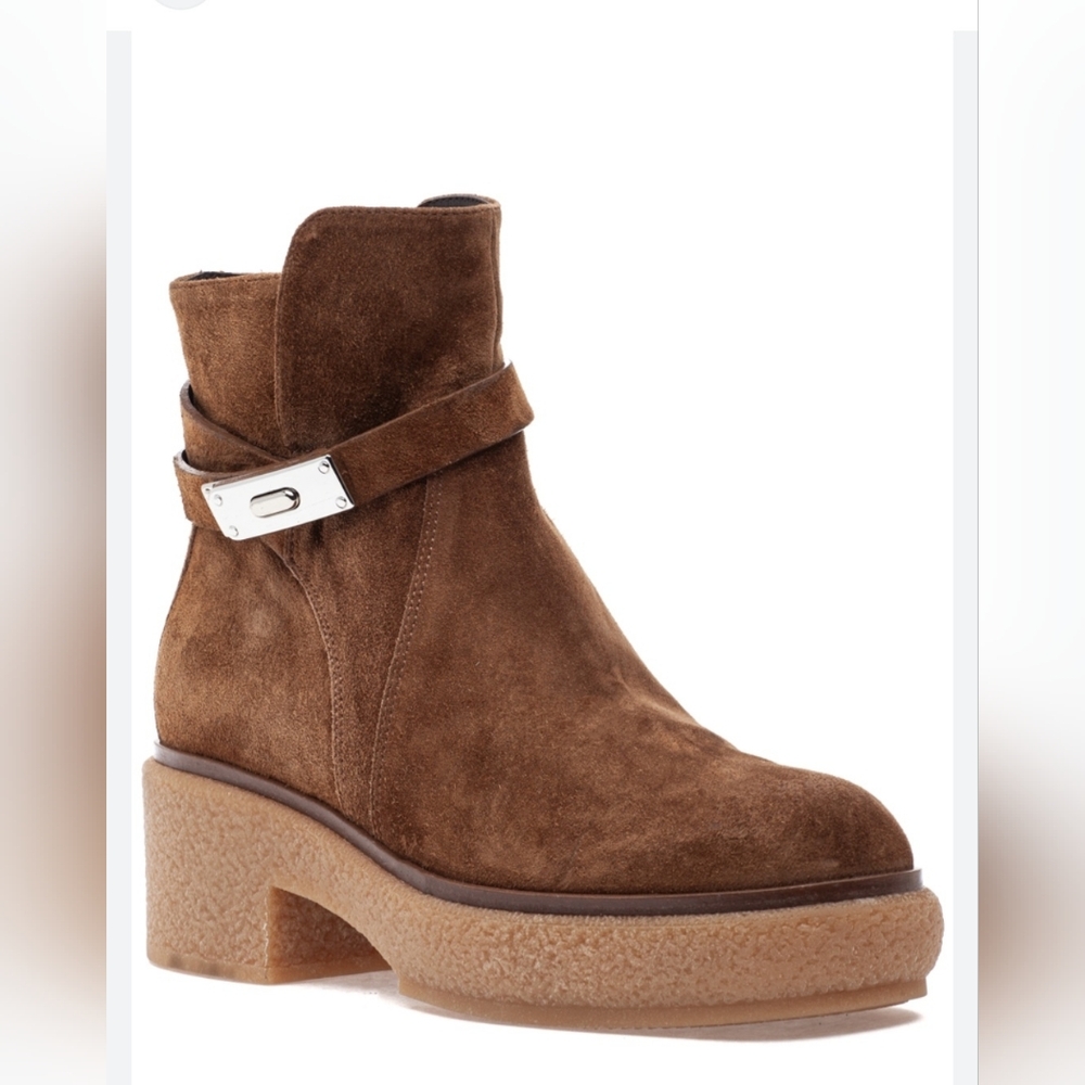 Women's Brown Suede Ankle Boot with Silver Buckle Accent